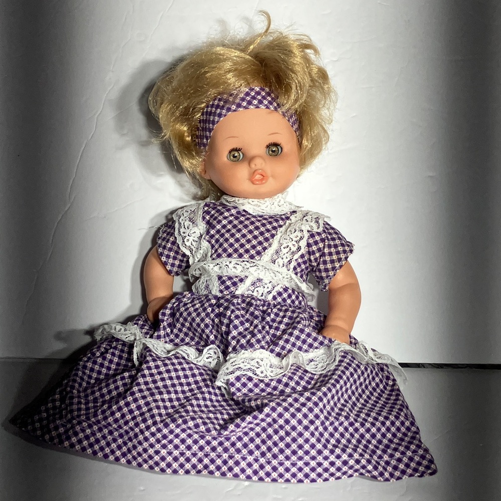 Vintage Doll with Purple Gingham Dress & Shoes Blonde Hair Hazel Blinking Eyes